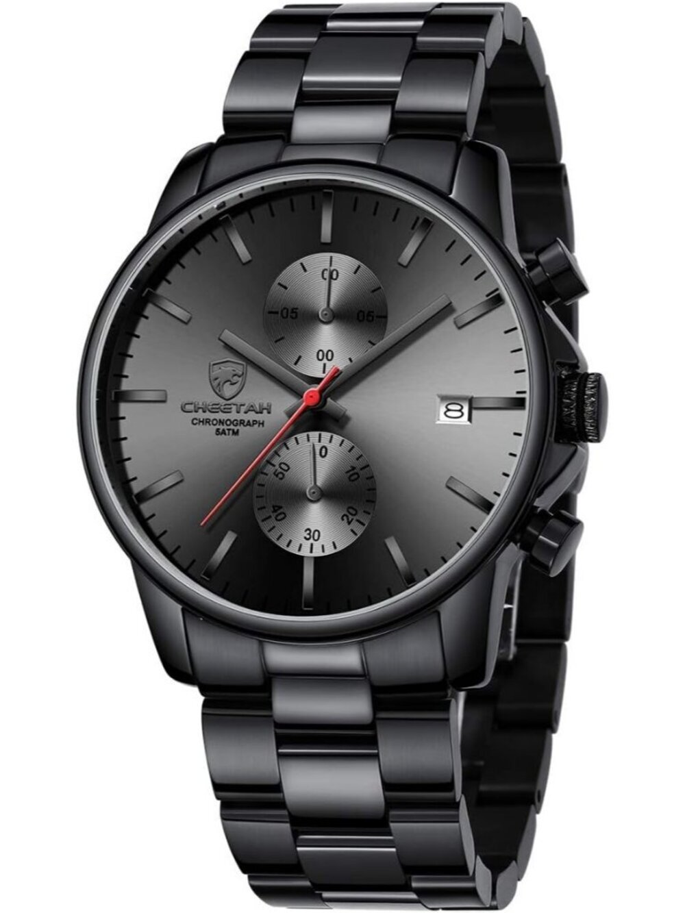 Mens Black Red Classic Stainless Steel Waterproof Chronograph Quartz Round Watch